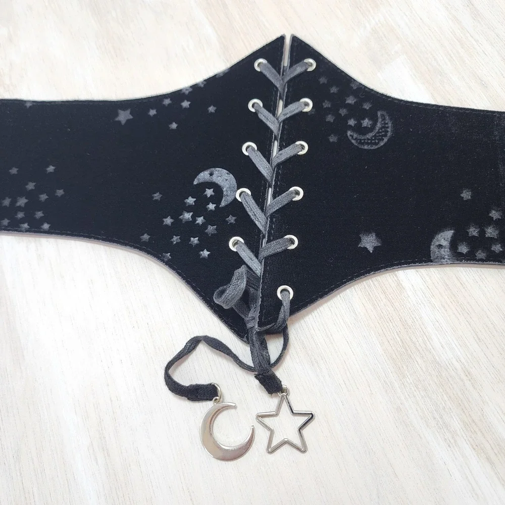 Black Velvet Celestial Moon Star Lace Up Corset Waist Belt Gothic Witchy Cinch S
